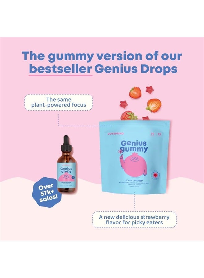 Genius Focus Gummies - Kids Focus Gummies for Increased Attention Natural Herbal Brain Gummies - Vegan, Gluten-Free, Sugar-Free with Bacopa, Gotu Kola, Rhodiola - 60 Gummies