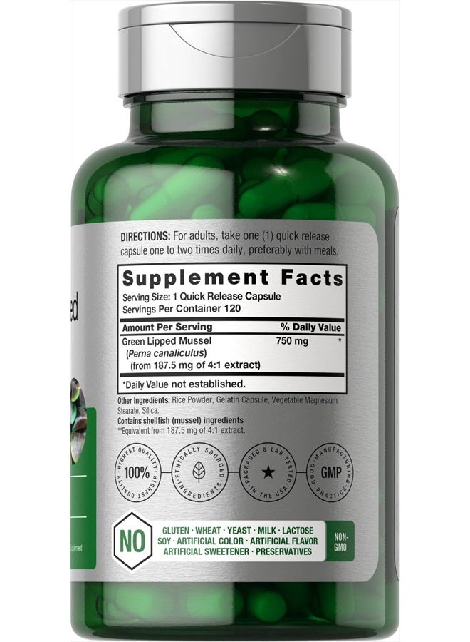 Green Lipped Mussel | 750 mg | 120 Capsules | from New Zealand | Premium Freeze Dried Mussel Powder | Non-GMO and Gluten Free