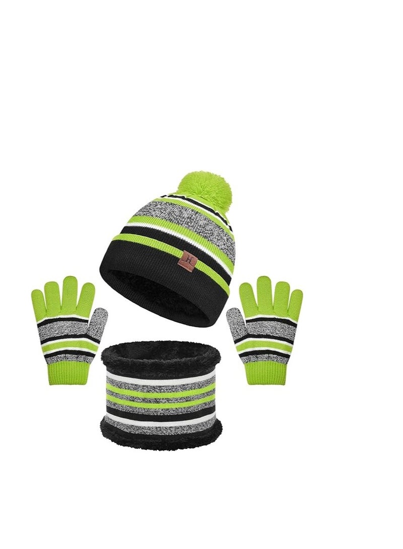 Kids Warm Beanie Hat Scarf Gloves Set 3 in 1 Thermal Knit Hat Scarf Gloves Set Winter Accessories Sets Snood Scarf Gloves Set with Double Layer Fleece Lining Boys Girls