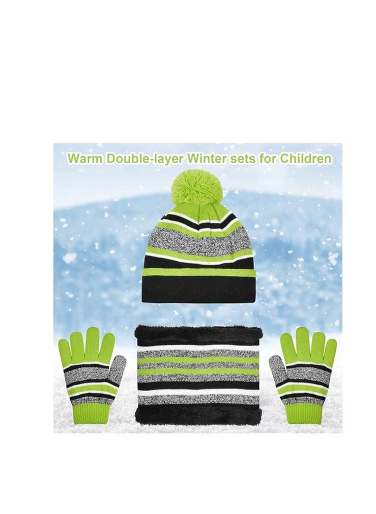 Kids Warm Beanie Hat Scarf Gloves Set 3 in 1 Thermal Knit Hat Scarf Gloves Set Winter Accessories Sets Snood Scarf Gloves Set with Double Layer Fleece Lining Boys Girls