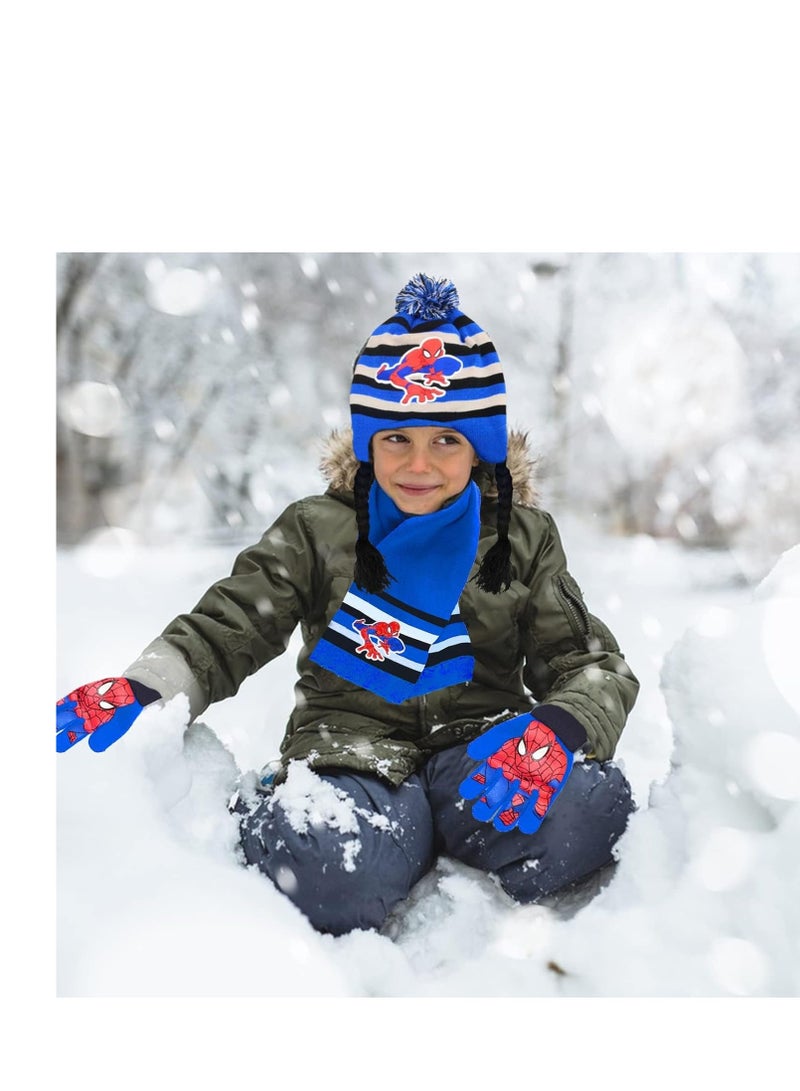 Kids Winter Warm Hat Scarf Gloves Set, 3Pcs Spiderman Scarf Set, Children's Winter Hat Scarf Gloves Set,Children Winter Autumn Spring Scarf Knitted Hat Combination Set for Children Boys Girls