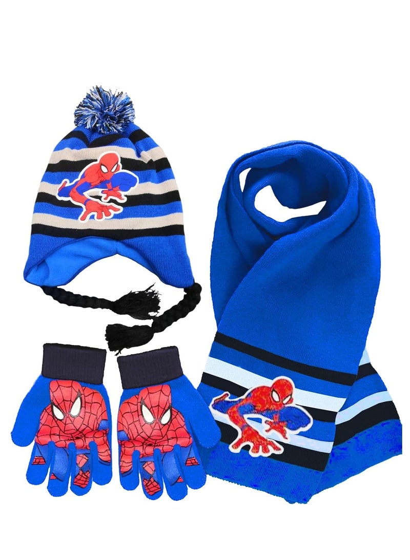 Kids Winter Warm Hat Scarf Gloves Set, 3Pcs Spiderman Scarf Set, Children's Winter Hat Scarf Gloves Set,Children Winter Autumn Spring Scarf Knitted Hat Combination Set for Children Boys Girls