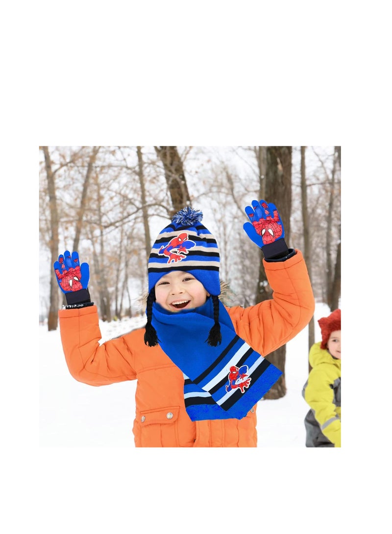 Kids Winter Warm Hat Scarf Gloves Set, 3Pcs Spiderman Scarf Set, Children's Winter Hat Scarf Gloves Set,Children Winter Autumn Spring Scarf Knitted Hat Combination Set for Children Boys Girls