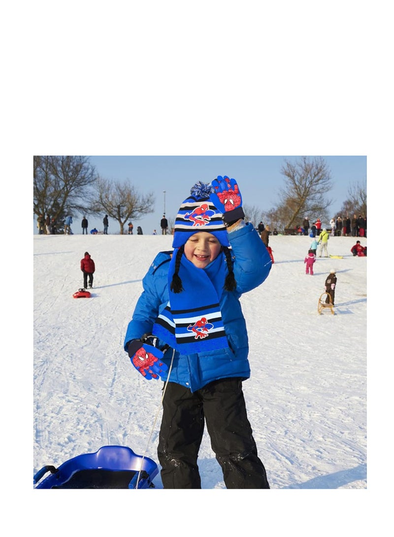 Kids Winter Warm Hat Scarf Gloves Set, 3Pcs Spiderman Scarf Set, Children's Winter Hat Scarf Gloves Set,Children Winter Autumn Spring Scarf Knitted Hat Combination Set for Children Boys Girls