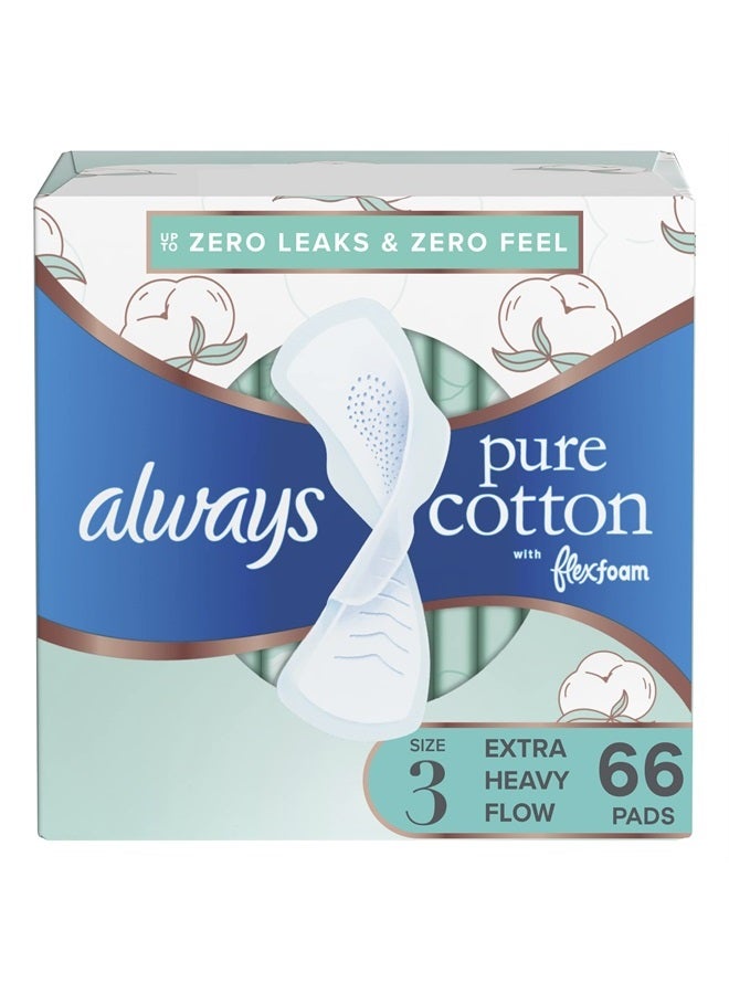 Pure Cotton Feminine Pads for Women, Size 3, Extra Heavy Flow, with wings, Unscented, Free of Dyes, Fragrances, and Chlorine Bleaching, 22 Count x 3 Packs (66 Count total)