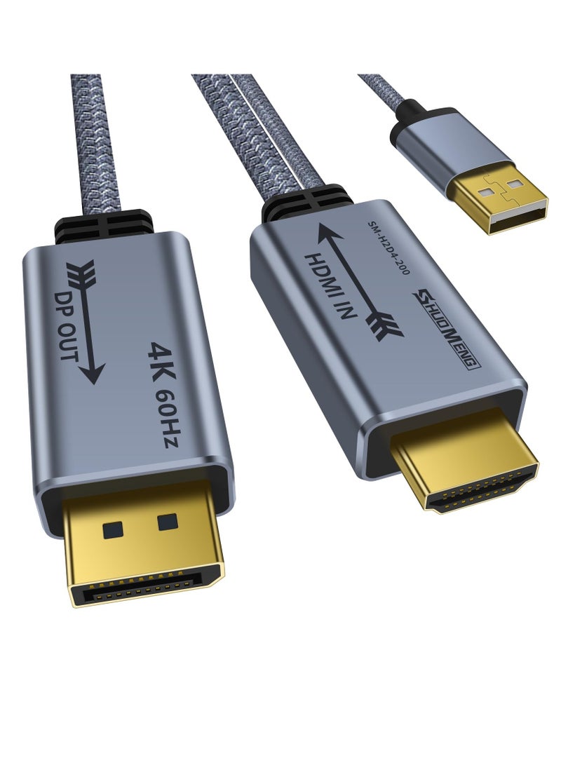 HDMI to DisplayPort Adapter 4K@60Hz, Male to Male Converter Cable HDMI to DP 1.2 with USB Power for Monitor, PS4, High Speed, HDCP2.2 Compatible, 6.6FT 2M, Not Bidirectional