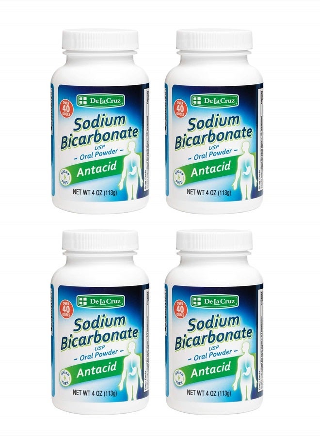 Pure Sodium Bicarbonate - USP Grade Bicarbonate of Soda – 100% Pure Baking Soda – Aluminum Free Antacid Powder for Heartburn & Indigestion - Packed in USA, 4 OZ. (4 Bottles)
