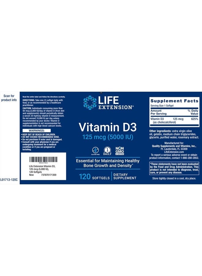 Vitamin D3 5000 IU, 120 Softgels, 125mcg