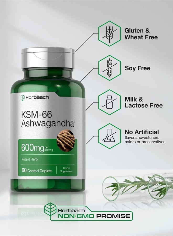Horbaach KSM-66 Ashwagandha 600mg | 60 Caplets | with L-Theanine | Vegan, Non-GMO, Gluten Free Root Extract