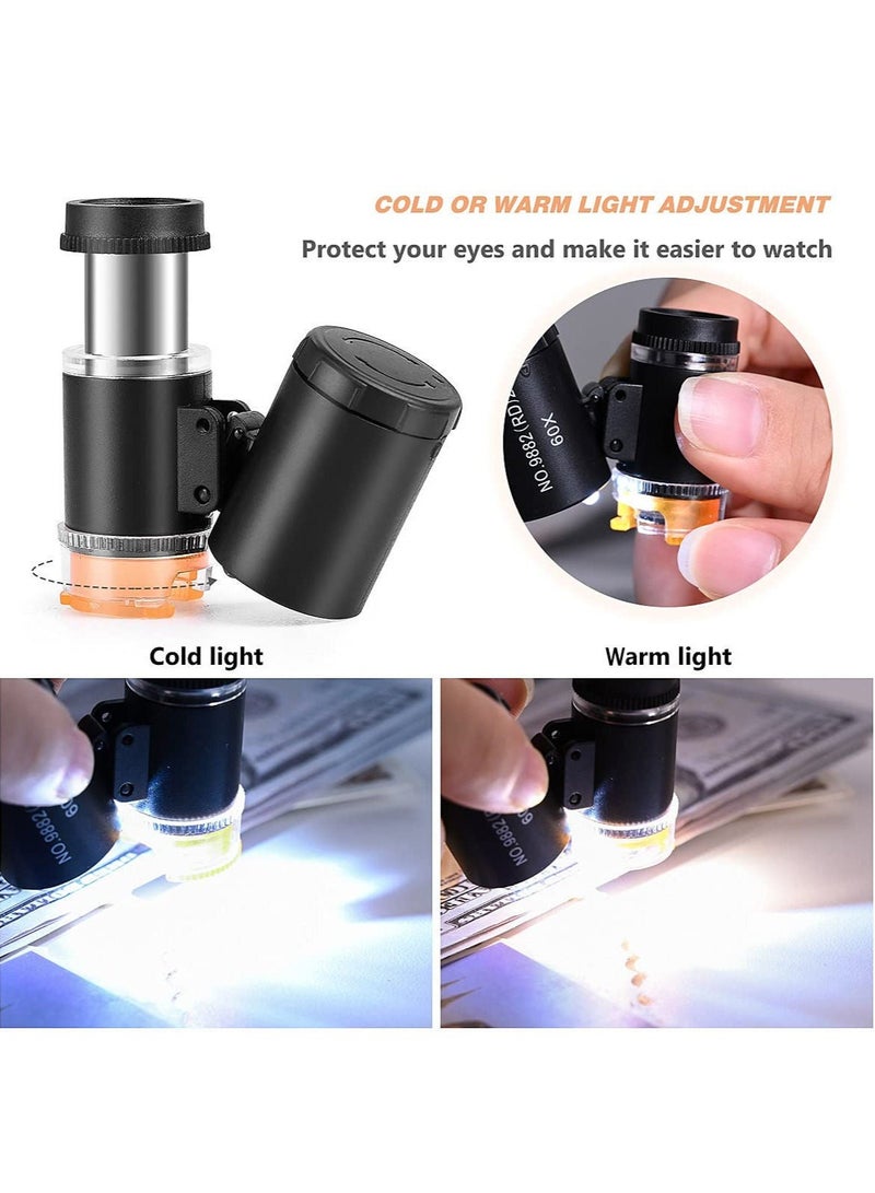 Magnifier, 2 Pieces 60X Mini Pocket Microscope, Jewelers Eye Loupe with 3 Light, Portable Magnifying Glass for Handcrafts Jewelry Diamond Gem Coins Currency