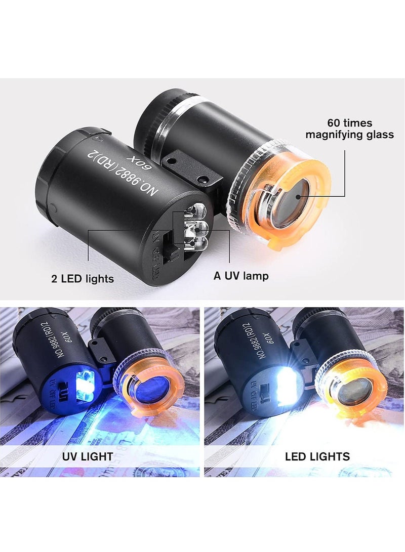 Magnifier, 2 Pieces 60X Mini Pocket Microscope, Jewelers Eye Loupe with 3 Light, Portable Magnifying Glass for Handcrafts Jewelry Diamond Gem Coins Currency