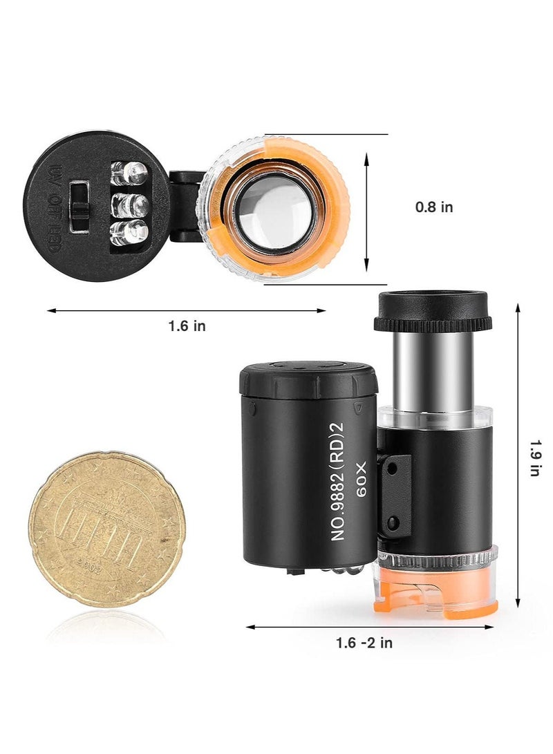 Magnifier, 2 Pieces 60X Mini Pocket Microscope, Jewelers Eye Loupe with 3 Light, Portable Magnifying Glass for Handcrafts Jewelry Diamond Gem Coins Currency