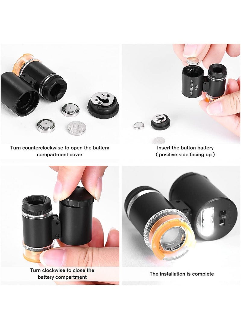 Magnifier, 2 Pieces 60X Mini Pocket Microscope, Jewelers Eye Loupe with 3 Light, Portable Magnifying Glass for Handcrafts Jewelry Diamond Gem Coins Currency