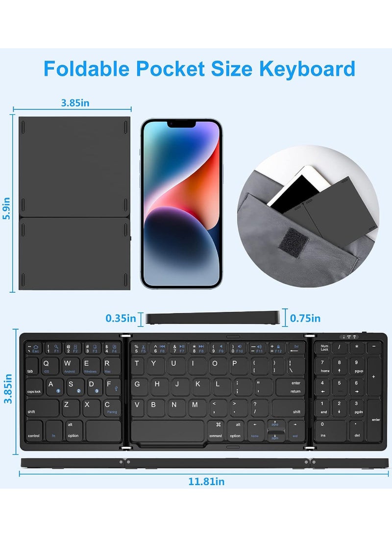 Foldable Bluetooth Keyboard Folding Wireless Portable Keyboard with Numeric Keypad USB-C Rechargeable for iOS Android Windows System Laptop Tablet Smartphone Device