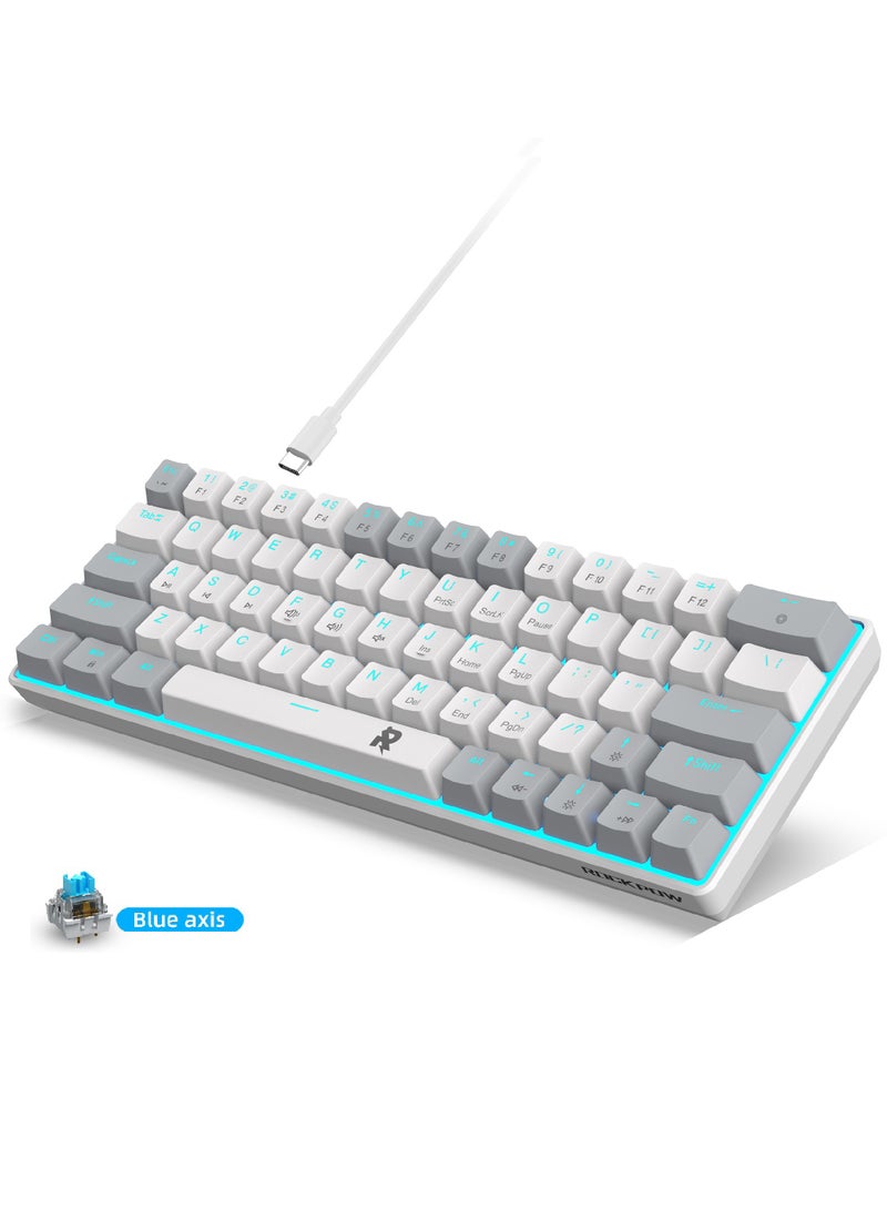 ROCK POW 60% Wired Mechanical Gaming Keyboard 63 keys Ice Blue Backlit Ultra-Compact Mini Keyboard Mini Compact Keyboard for PC/Mac Gamer Typist Easy Carry on Trip Blue Switch