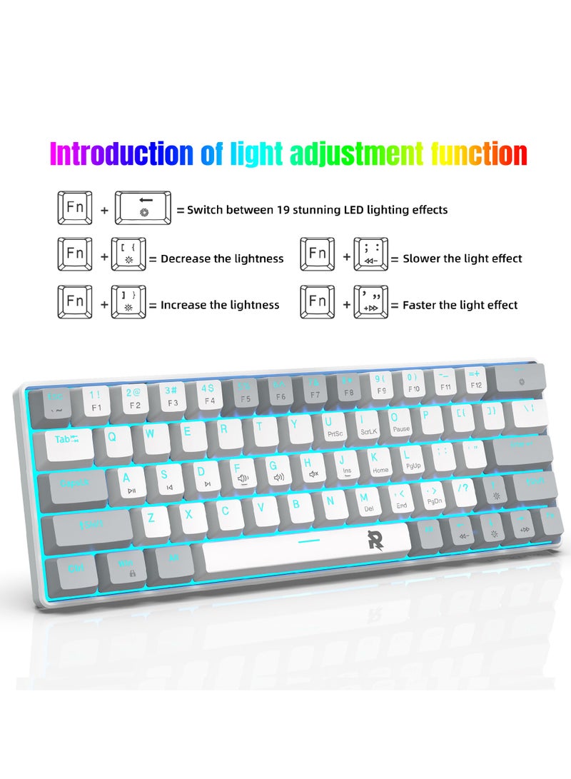 ROCK POW 60% Wired Mechanical Gaming Keyboard 63 keys Ice Blue Backlit Ultra-Compact Mini Keyboard Mini Compact Keyboard for PC/Mac Gamer Typist Easy Carry on Trip Blue Switch