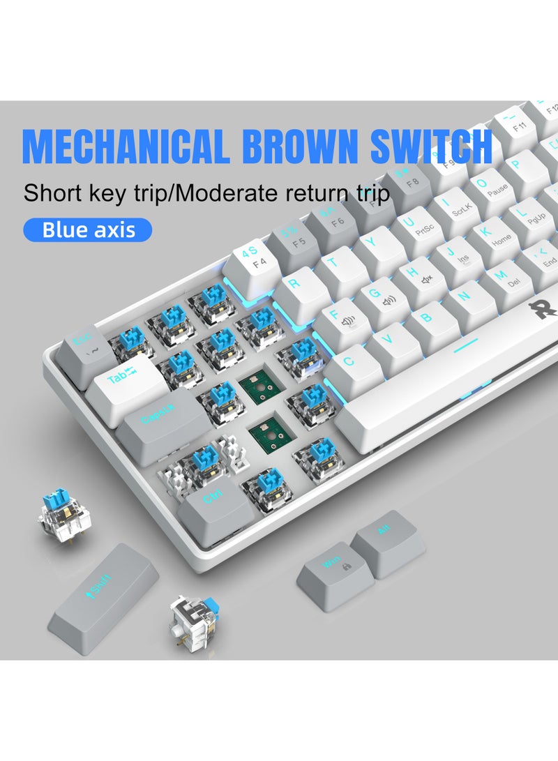 ROCK POW 60% Wired Mechanical Gaming Keyboard 63 keys Ice Blue Backlit Ultra-Compact Mini Keyboard Mini Compact Keyboard for PC/Mac Gamer Typist Easy Carry on Trip Blue Switch