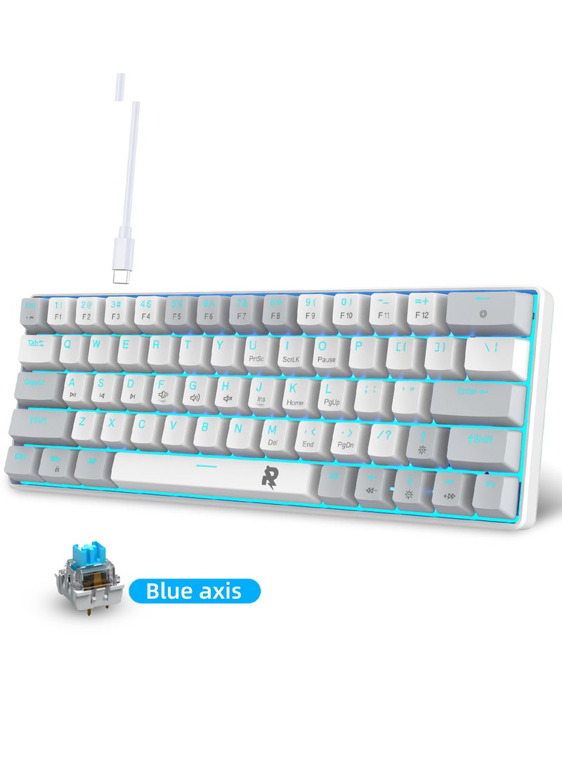 ROCK POW 60% Wired Mechanical Gaming Keyboard 63 keys Ice Blue Backlit Ultra-Compact Mini Keyboard Mini Compact Keyboard for PC/Mac Gamer Typist Easy Carry on Trip Blue Switch