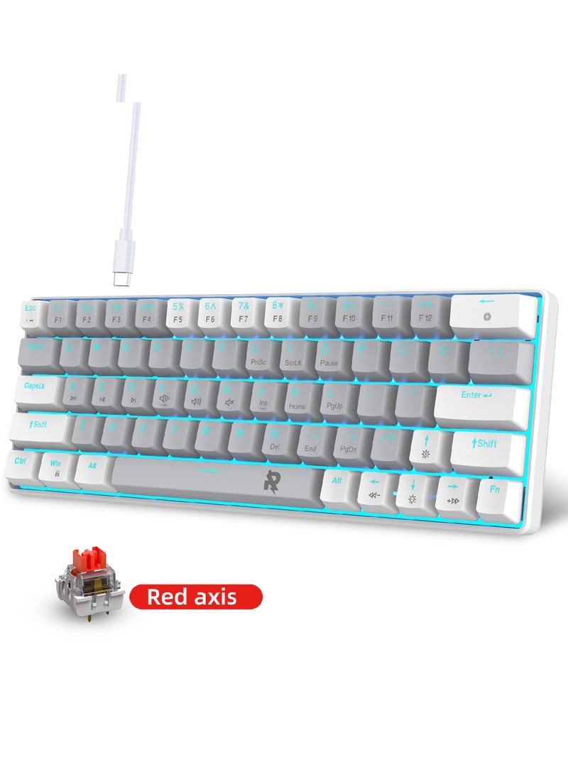 ROCK POW 60% Wired Mechanical Gaming Keyboard 63 keys Ice Blue Backlit Ultra-Compact Mini Keyboard Mini Compact Keyboard for PC/Mac Gamer Typist Easy Carry on Trip Red Switch
