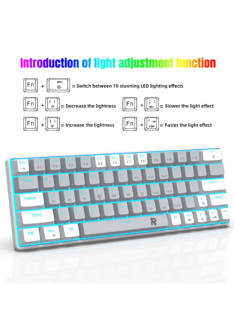 ROCK POW 60% Wired Mechanical Gaming Keyboard 63 keys Ice Blue Backlit Ultra-Compact Mini Keyboard Mini Compact Keyboard for PC/Mac Gamer Typist Easy Carry on Trip Red Switch