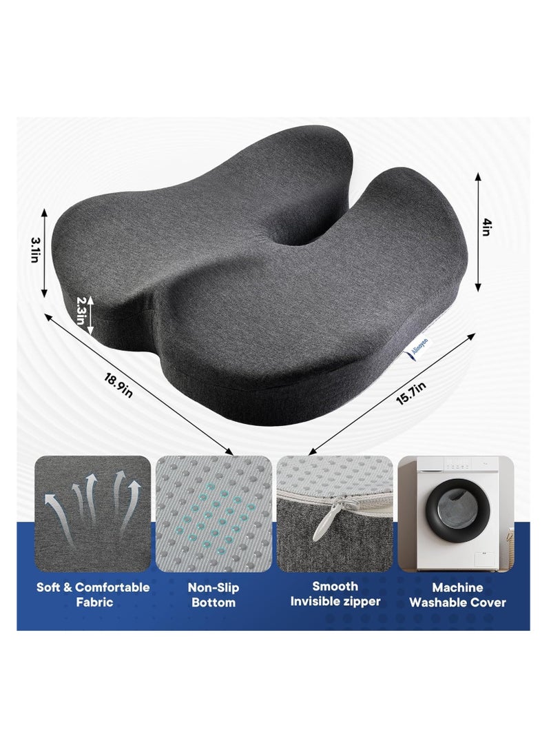 Seat Cushion for Office Chair Tailbone Pressure Relief Cushion Coccyx Lower Back Hip Sciatica Pain Relief Pillow - Memory Foam Chair Cushions for Desk Chairs Car Seats (Dark Grey)