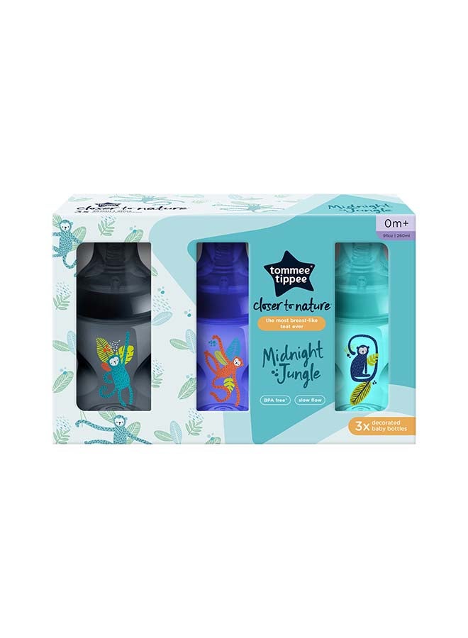 Closer To Nature Baby Bottles, Slow-Flow Breast-Like Teat With Anti-Colic Valve, 260Ml, Pack Of 3, Jungle Blues