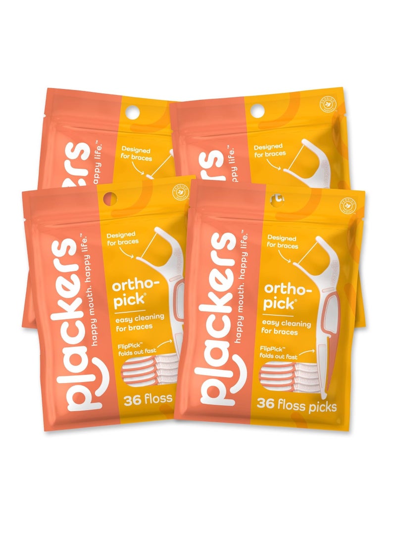 Plackers Orthopick Floss Picks, Unflavored, Designed for Braces, Fold-Out FlipPick, Tuffloss, Easy Storage with Sure-Zip Seal, 36 Count (4 Pack)