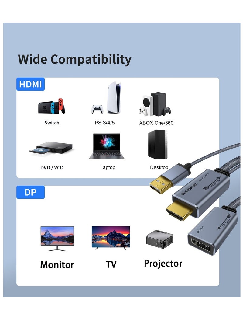 HDMI To Displayport Adapter 4k@60Hz, Male To Female Converter Cable HDMI To DP 1.2 With Usb Power For Monitor, Computer, PS4, High Speed, HDCP2.2 Compatible, 0.65FT, 0.2M, Not Bidirectional