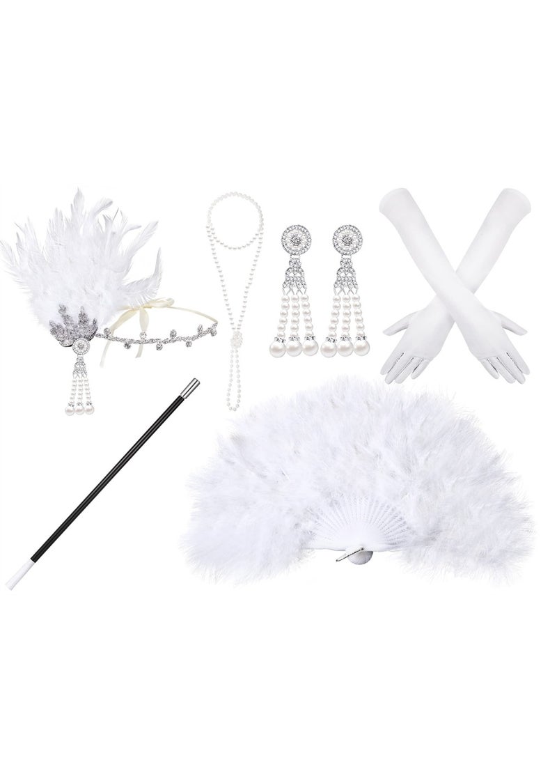 1920s Flapper Costume Accessories Set, Gatsby Costume Accessories Set for Women 20s Headpiece Earrings Gloves Holder Pearl Necklace and Feather Fan
