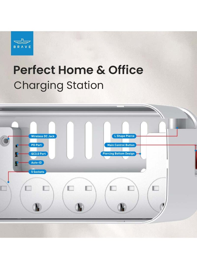 3 in 1 USB C Power Extension Cord with 15W Wireless Charger and Cable Management Box 5 Universal Outlets 20W USB-C PP 2 USB-A QC3.0 18W 2M Cable Power Strip Elegant Organizer Box (3 in 1)