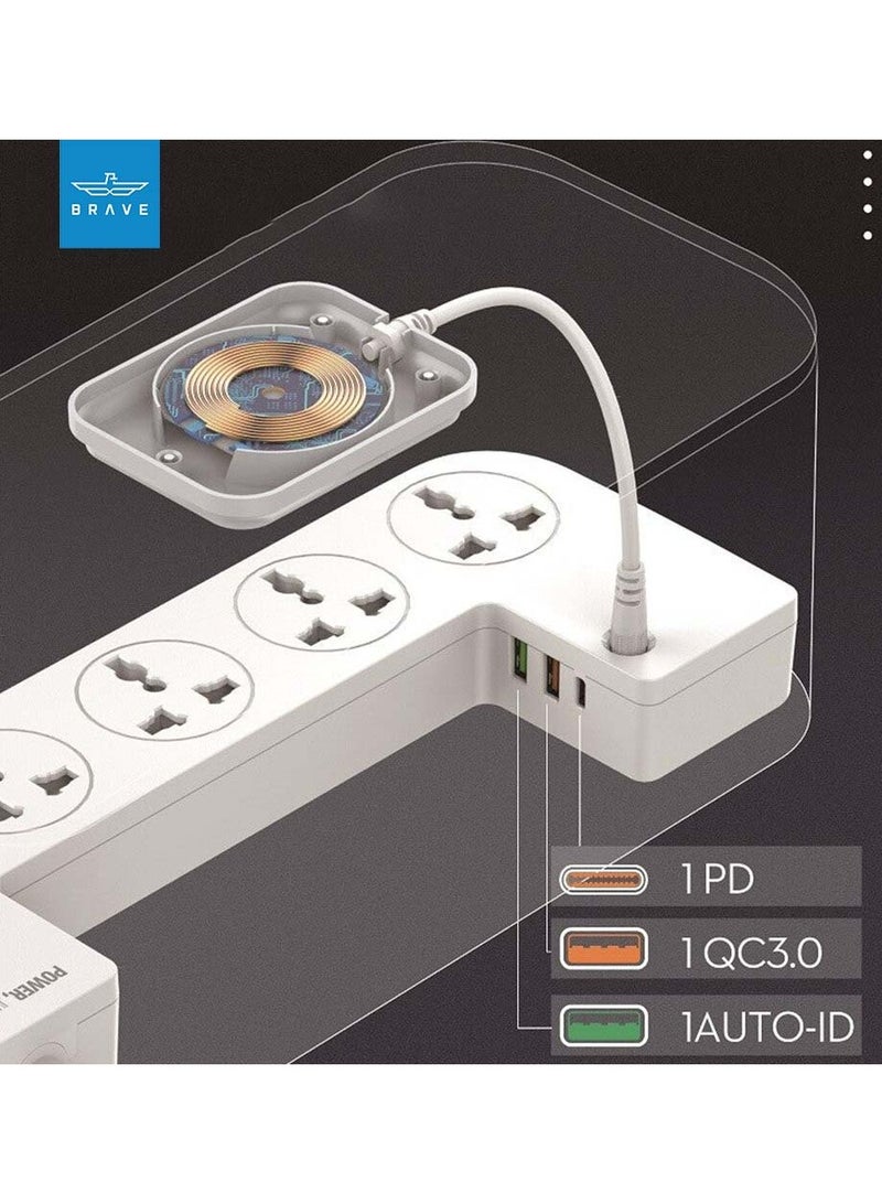 3 in 1 USB C Power Extension Cord with 15W Wireless Charger and Cable Management Box 5 Universal Outlets 20W USB-C PP 2 USB-A QC3.0 18W 2M Cable Power Strip Elegant Organizer Box (3 in 1)