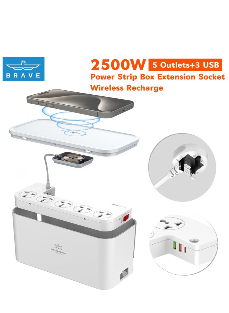 3 in 1 USB C Power Extension Cord with 15W Wireless Charger and Cable Management Box 5 Universal Outlets 20W USB-C PP 2 USB-A QC3.0 18W 2M Cable Power Strip Elegant Organizer Box (3 in 1)