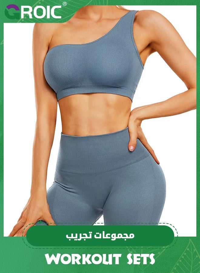 Women's Workout Sets 2 Piece Yoga Outfits Seamless High Waist Shorts One Shoulder Sport Bra Set Ribbed Activewear Set