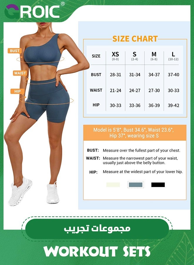 Women's Workout Sets 2 Piece Yoga Outfits Seamless High Waist Shorts One Shoulder Sport Bra Set Ribbed Activewear Set