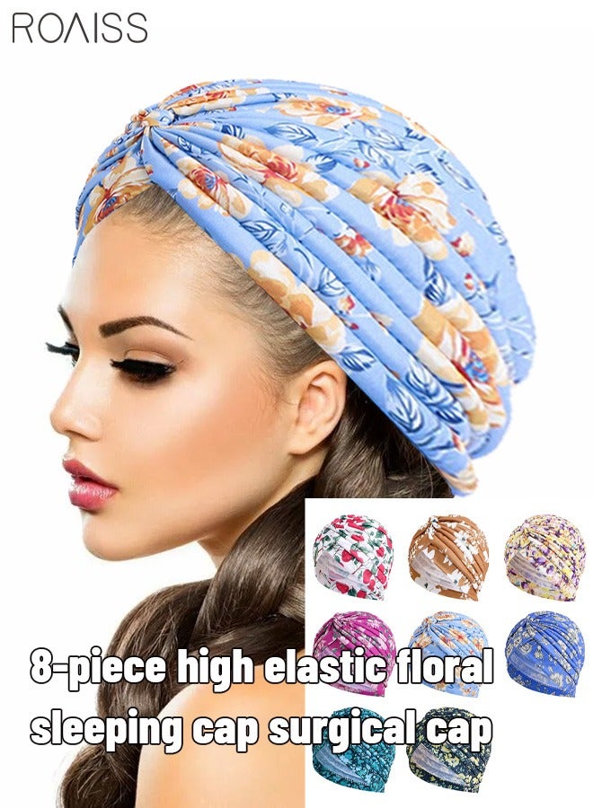 8 Pcs Women's Fashion Headgear Printed Pleated Nightcap Lightweight Breathable Chemotherapy Cap Elastic Wrapped Pregnant Women'S Hat