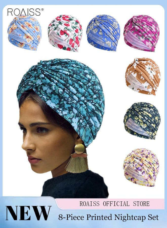 8 Pcs Women's Fashion Headgear Printed Pleated Nightcap Lightweight Breathable Chemotherapy Cap Elastic Wrapped Pregnant Women'S Hat