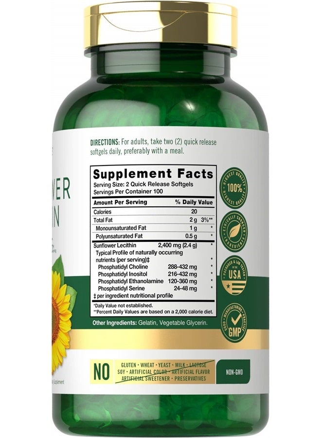 Sunflower Lecithin Softgel Capsules | 2400mg | 200 Count | Rich in Phosphatidyl Choline | Non-GMO, Soy Free, Gluten Free Supplement