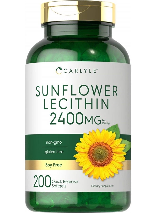 Sunflower Lecithin Softgel Capsules | 2400mg | 200 Count | Rich in Phosphatidyl Choline | Non-GMO, Soy Free, Gluten Free Supplement