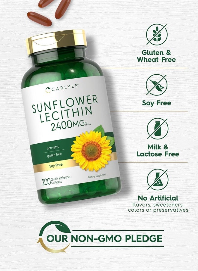 Sunflower Lecithin Softgel Capsules | 2400mg | 200 Count | Rich in Phosphatidyl Choline | Non-GMO, Soy Free, Gluten Free Supplement