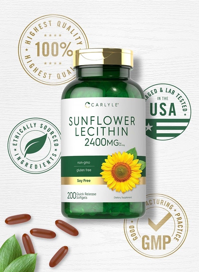 Sunflower Lecithin Softgel Capsules | 2400mg | 200 Count | Rich in Phosphatidyl Choline | Non-GMO, Soy Free, Gluten Free Supplement