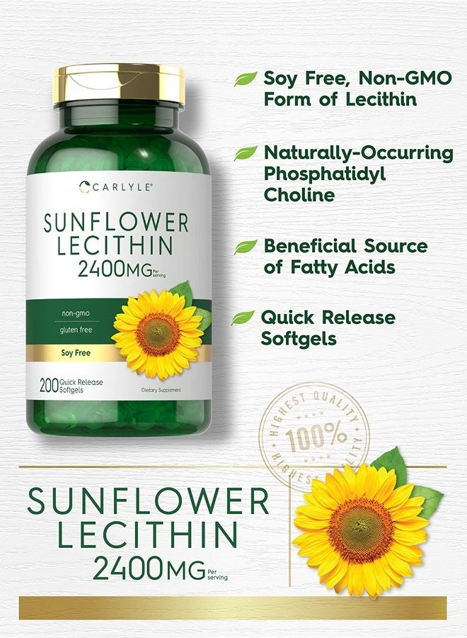 Sunflower Lecithin Softgel Capsules | 2400mg | 200 Count | Rich in Phosphatidyl Choline | Non-GMO, Soy Free, Gluten Free Supplement