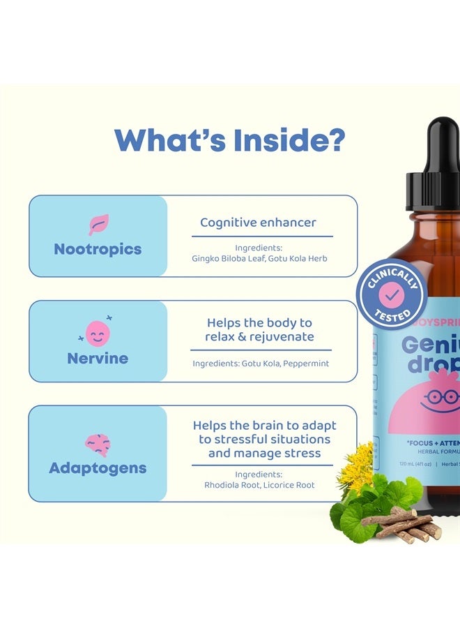 Genius Drops Brain Supplement for Kids - Kids Attention Supplements Support Healthy Brain Function - Organic Kids Attention Drops - Ginkgo Biloba for Kids Attention Supplement for Kids