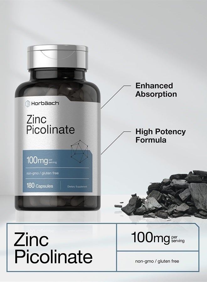 Zinc Picolinate 100mg | 180 Capsules | High Potency | Non-GMO, Gluten Free | Zinc Supplement