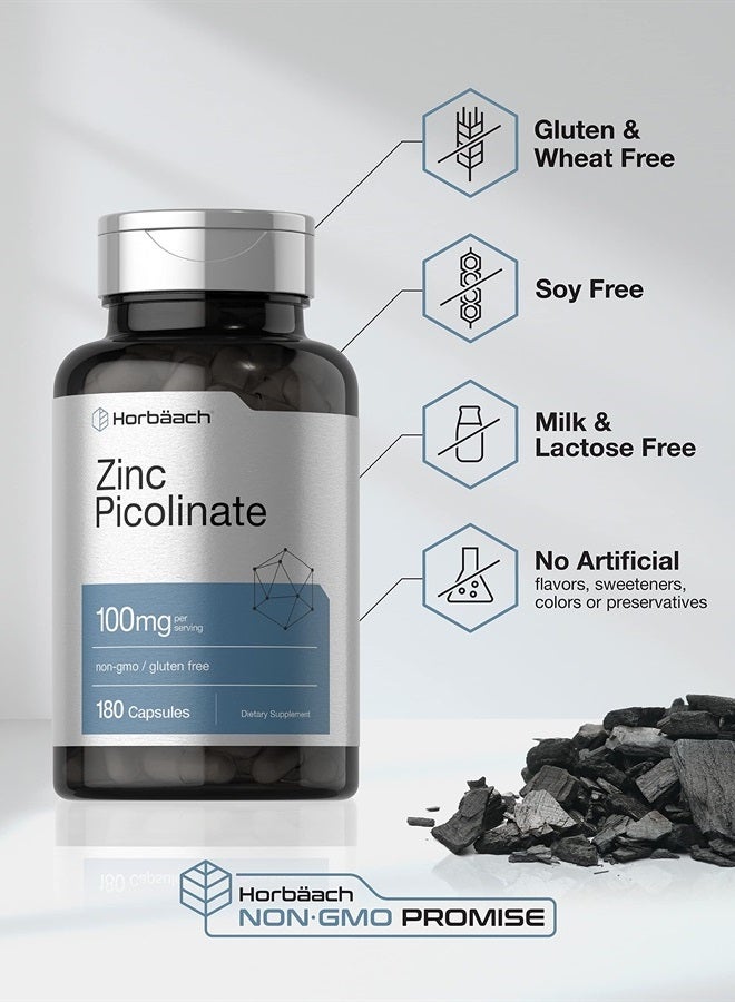 Zinc Picolinate 100mg | 180 Capsules | High Potency | Non-GMO, Gluten Free | Zinc Supplement