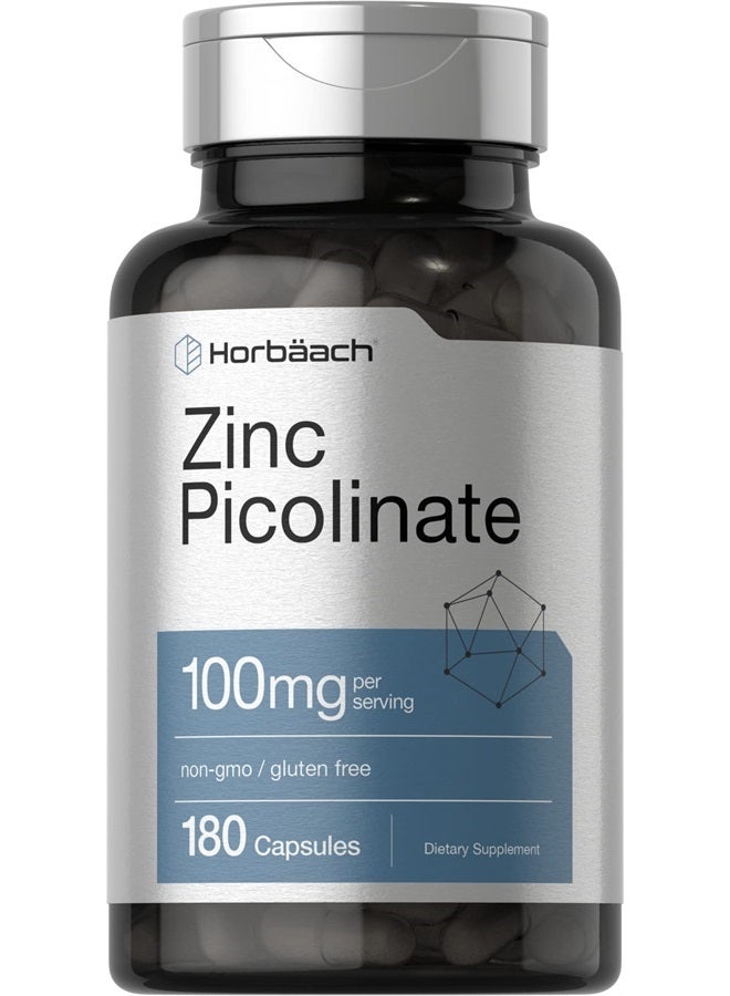 Zinc Picolinate 100mg | 180 Capsules | High Potency | Non-GMO, Gluten Free | Zinc Supplement