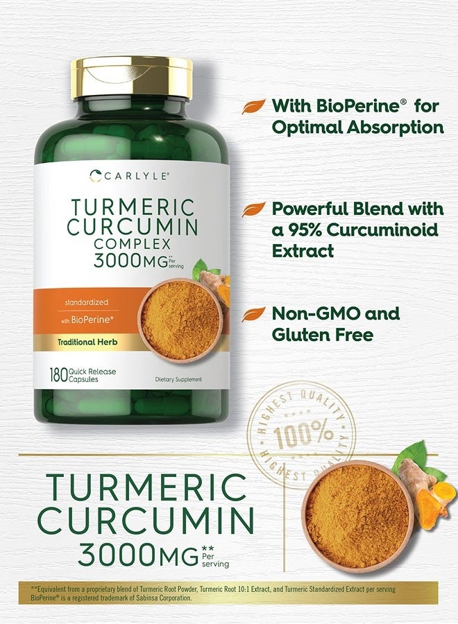 Turmeric Curcumin with Black Pepper | 3000mg 180 Capsules | Curcuminoids and Bioperine Supplement | Non-GMO, Gluten Free