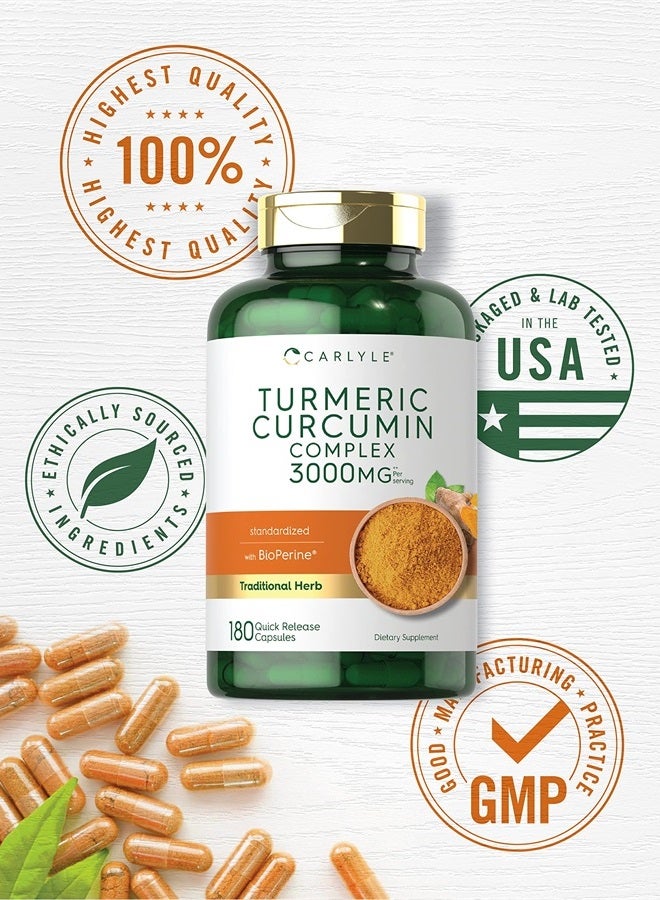 Turmeric Curcumin with Black Pepper | 3000mg 180 Capsules | Curcuminoids and Bioperine Supplement | Non-GMO, Gluten Free