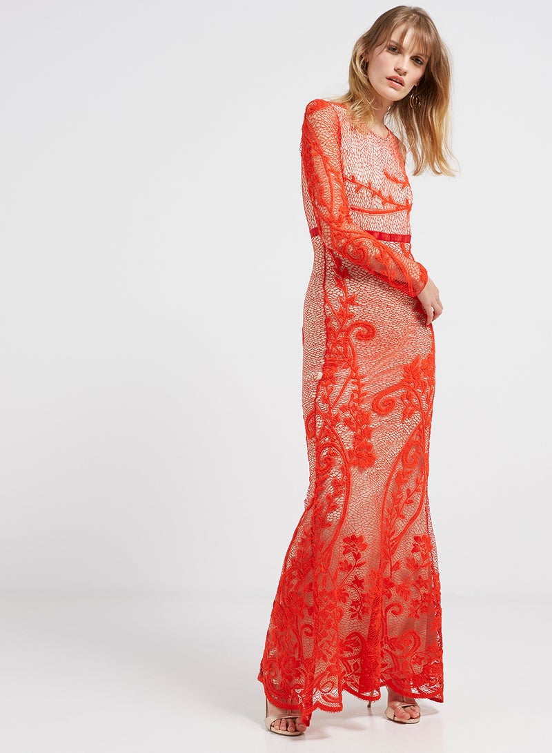 Lace Detailed Long Sleeves Maxi Dress Orange