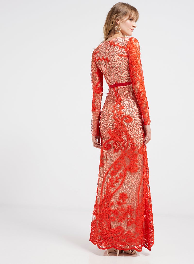 Lace Detailed Long Sleeves Maxi Dress Orange