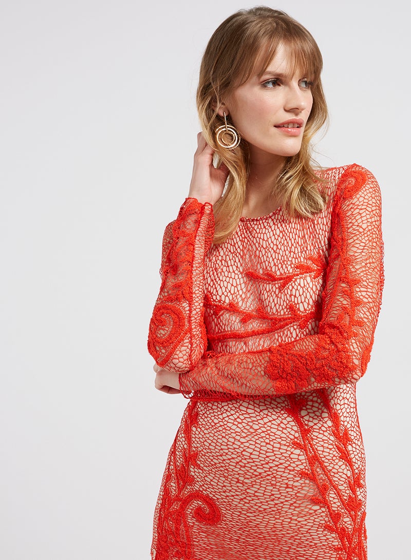 Lace Detailed Long Sleeves Maxi Dress Orange